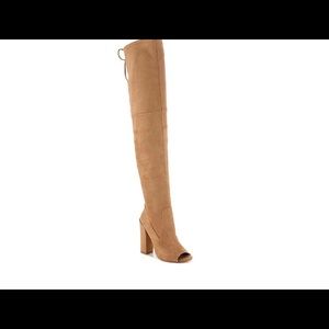 Over the knee open toe boots